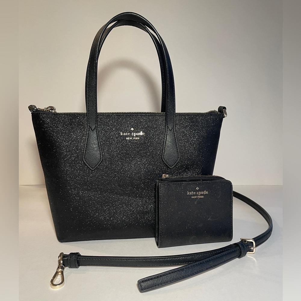 Kate Spade Glitter Black Satchel Crossbody Bag with Wallet